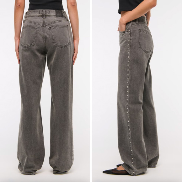 Abercrombie & Fitch High Rise Loose Jeans Womens 25 Curve Love Gray Studded NWT - Picture 4 of 16